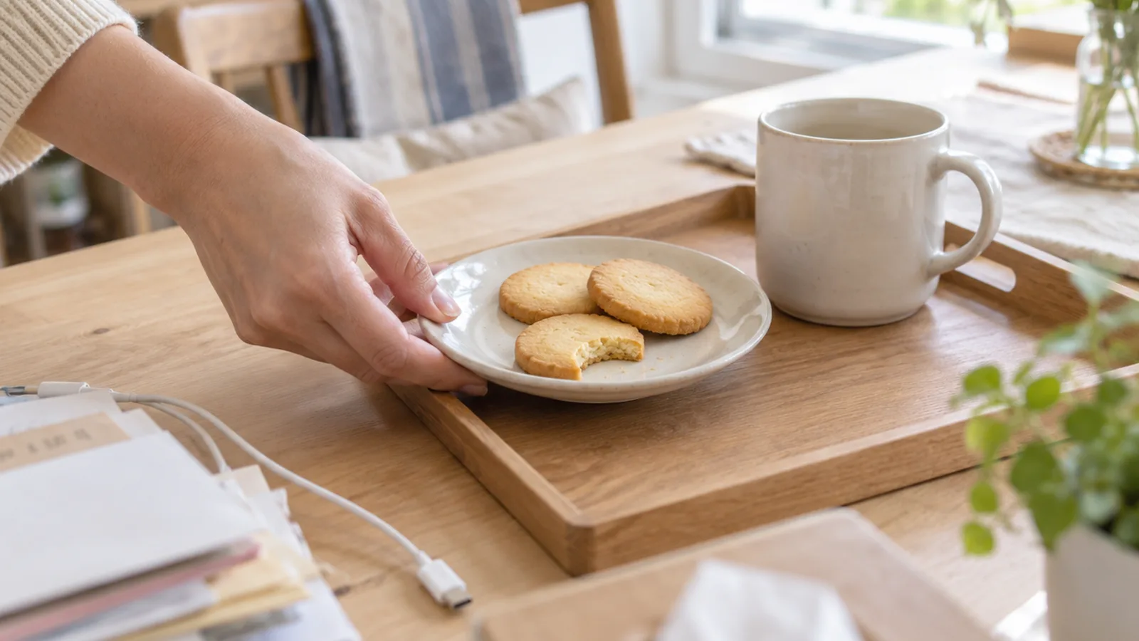 明るいダイニングの食卓で、一口かじったクッキーが入った皿をトレイにのせて片づける飼い主の手。そばにマグカップがある