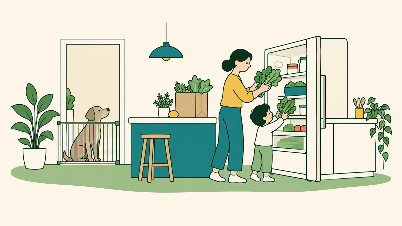 イラスト:明るい台所で、母親と子どもが買い物袋の葉物野菜を冷蔵庫にしまい、ベビーゲートの向こうから垂れ耳の中型犬が見ている