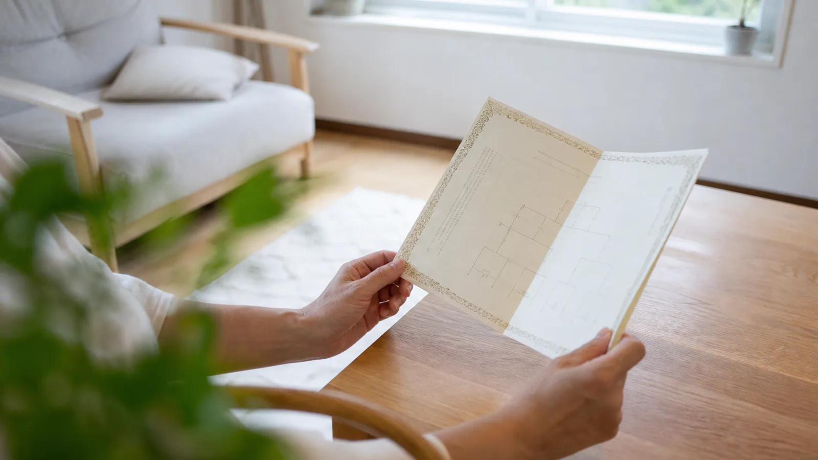 テーブルで血統書を広げて読む手元