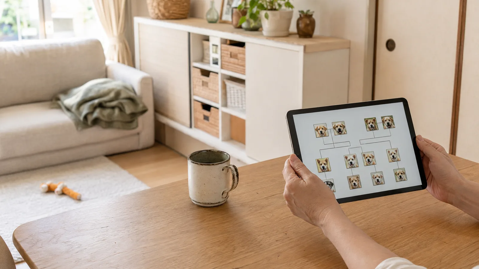 タブレットの画面に並ぶ犬の顔写真を線でつないだ家系の図を見る手元