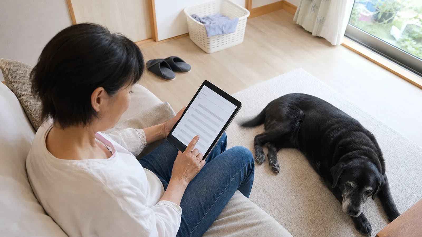 ソファでタブレットの記録一覧を見る女性と、足元に伏せる口元の白い黒いラブラドール