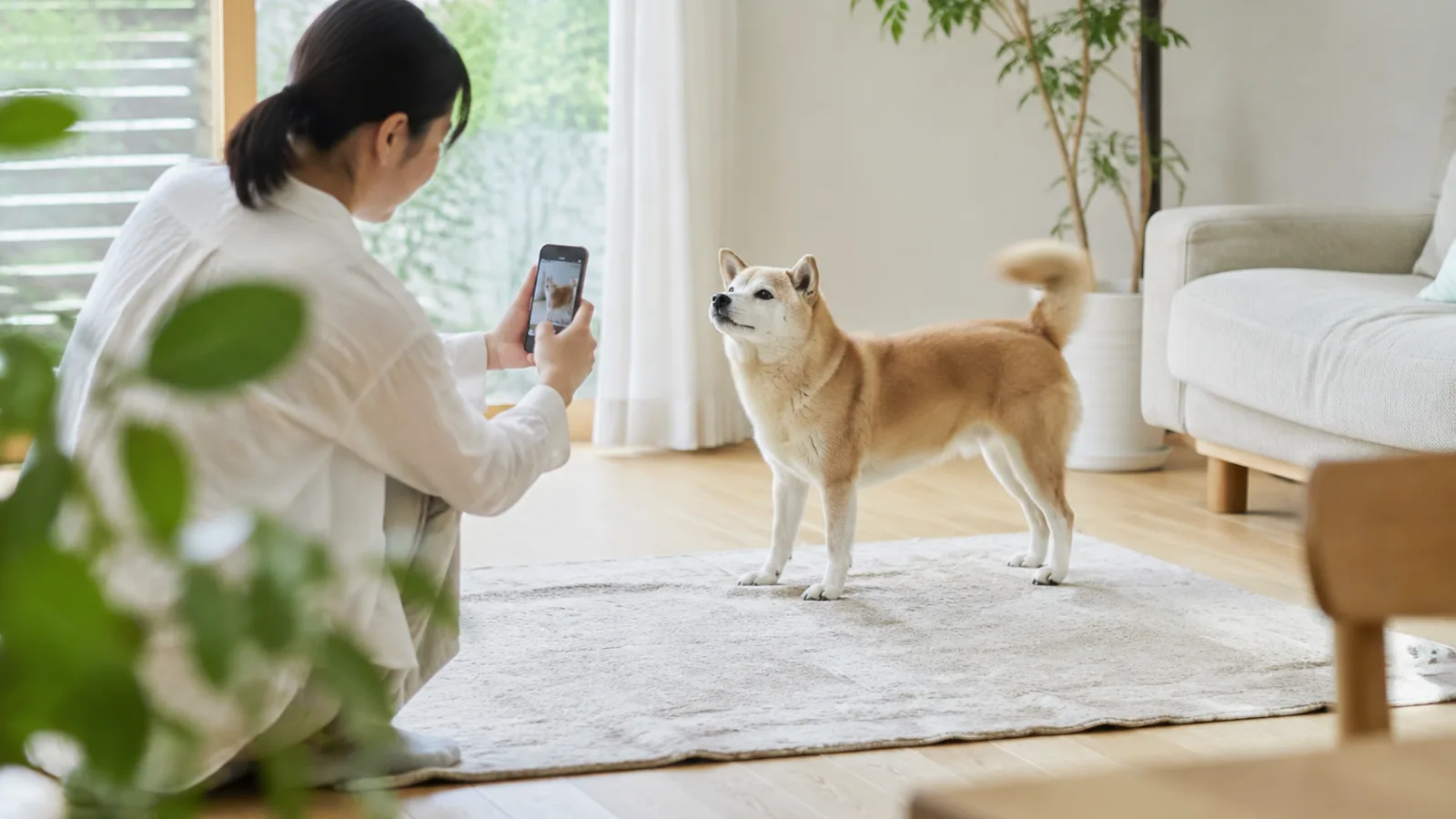 ラグの上に立つ柴犬を、しゃがんでスマートフォンで撮る女性。画面にも同じ犬が写っている