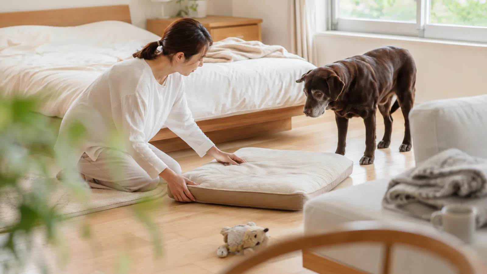 昼間の明るい寝室で床の犬用クッションベッドを置き直す女性と、そばに立って見ている口吻のまわりが灰白色のチョコレート色のラブラドール・レトリーバー