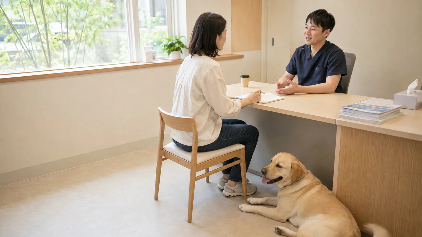 机をはさんで話す獣医師と、無地のノートを開いた女性、足元の床に伏せるイエローのラブラドール・レトリーバー