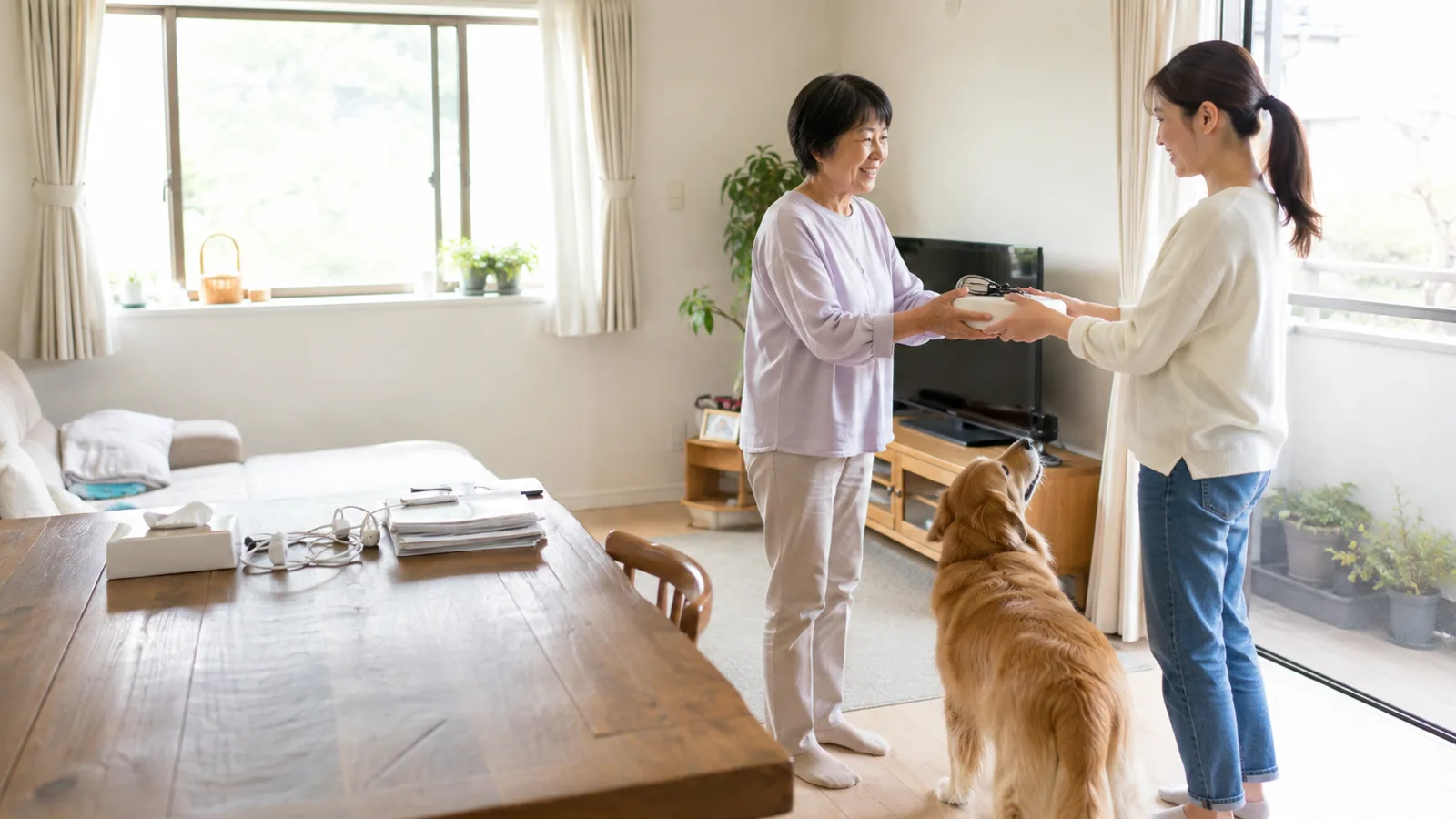 無地の容器とリードを娘に手渡す年配の女性と、それを両手で受け取る若い女性、間に座って見上げるゴールデン・レトリーバー