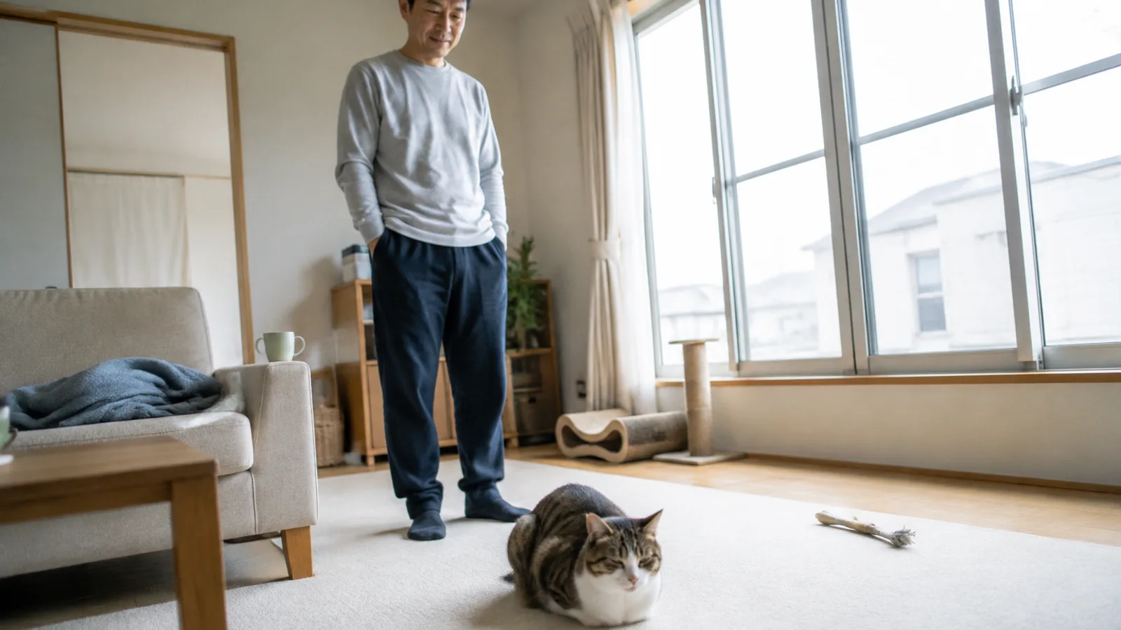 明るい部屋のラグの上で前足を体の下にたたんで座るキジトラ白の猫と、後ろに立つ男性