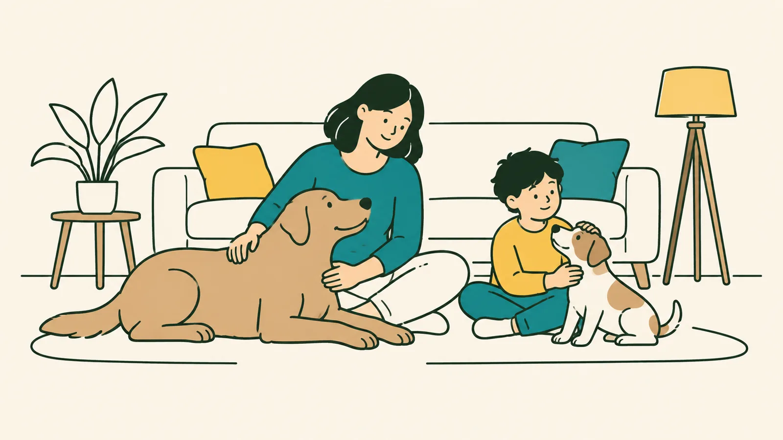 イラスト:明るいリビングで、親と子どもが、床に座った大きな犬と小さな犬をそれぞれなでている
