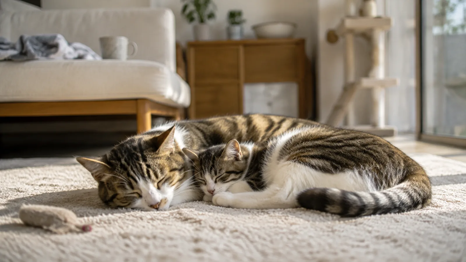 ラグの上で丸くなるキジトラ白の成猫と、その脇に寄り添って眠る同じ柄の子猫