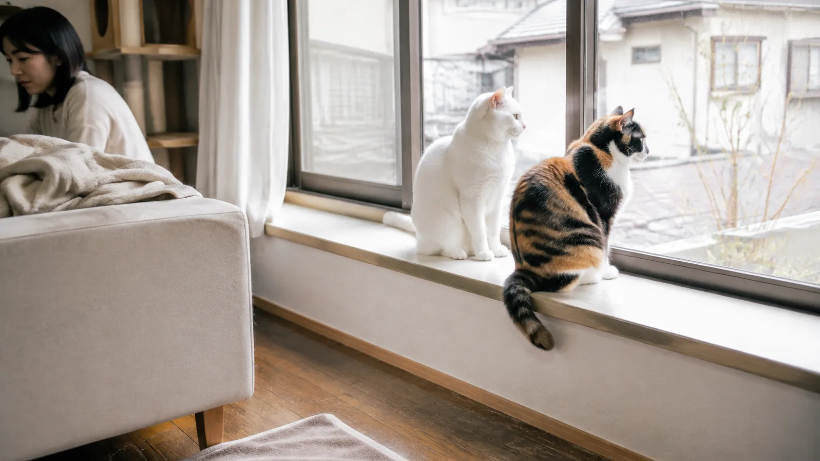 明るい窓台に並んで座る、真っ白な被毛の猫と、黒・茶・白の柄がはっきり分かれた三毛猫。奥のソファに女性