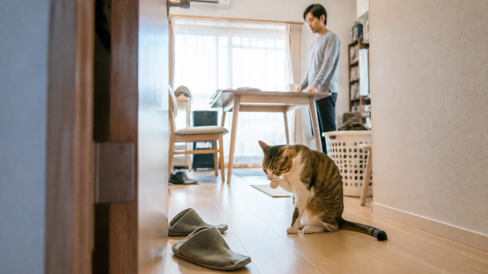 明るい廊下の床に座って毛づくろいをするキジトラ白の猫と、奥のダイニングでマグを持って立つ男性