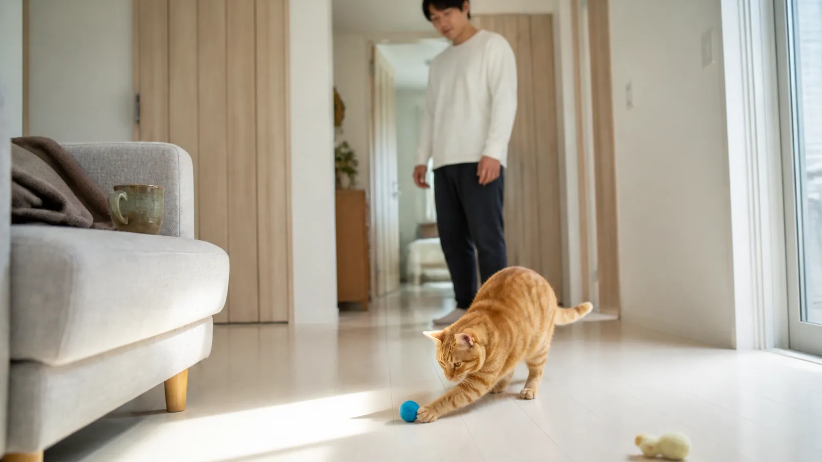 明るい廊下で青い小さなボールに前足を伸ばす茶トラの猫と、少し離れて立って見ている男性