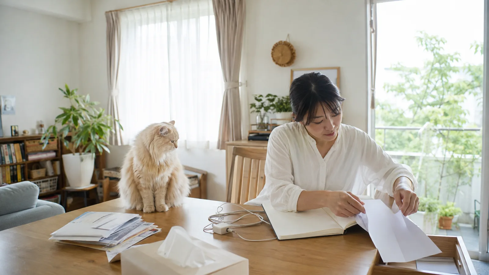 無地の紙を開いた記録帳のあいだに挟む女性と、テーブルの上に座るクリームの長毛の猫
