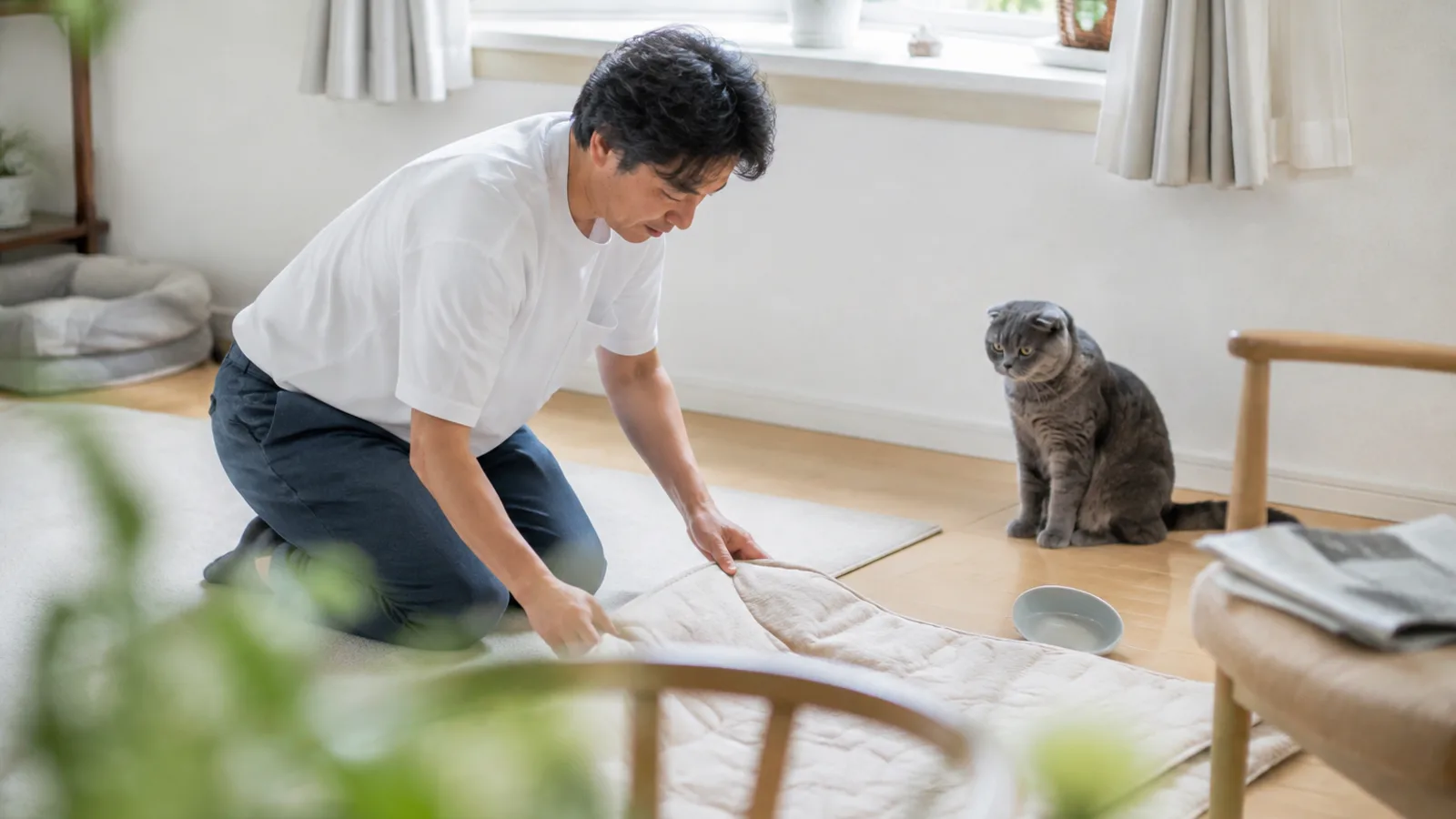 窓辺の床に厚みのあるマットを広げて敷く男性と、少し離れて座って見ている青灰色の折れ耳の猫