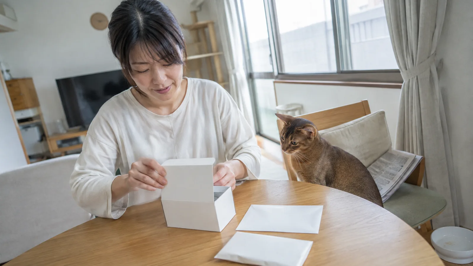 ダイニングで無地の小箱のふたを開ける女性と、隣の椅子に座って手元を見るアビシニアン