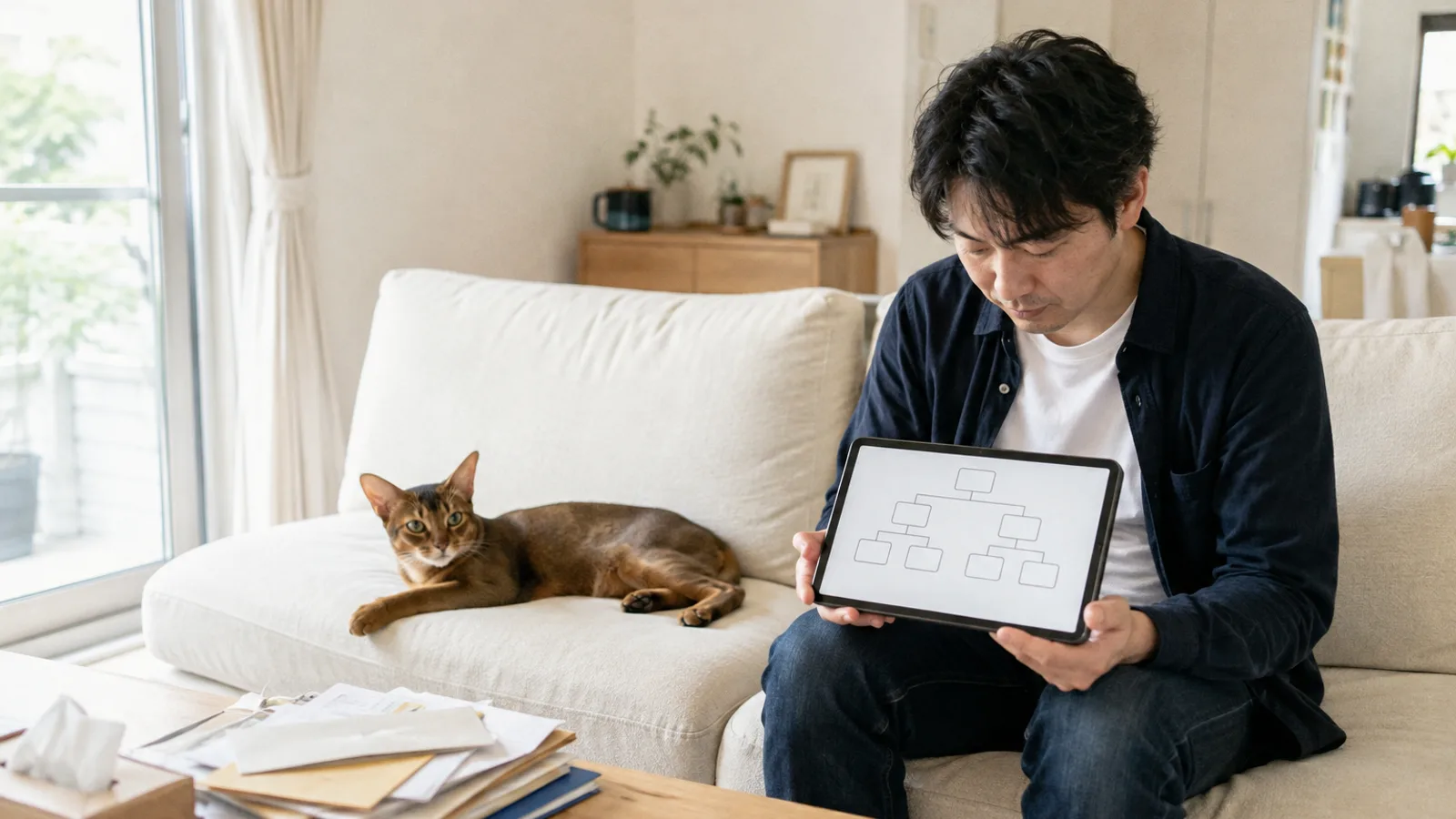 ソファでひざにのせたタブレットの家系図の画面を見る男性と、隣のクッションに寝そべるアビシニアン