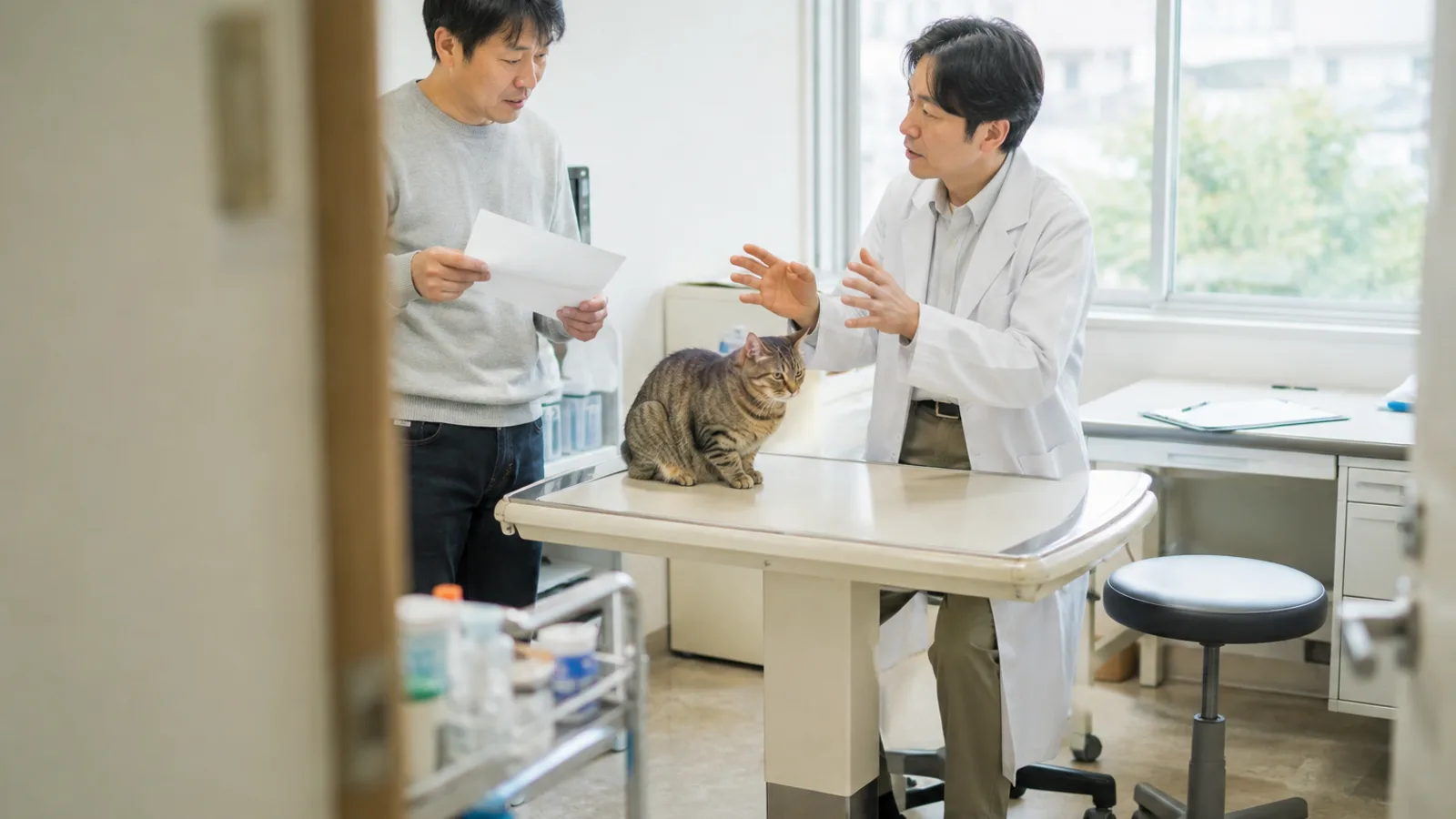 動物病院の診察室で無地の紙を持つ男性に手ぶりで説明している獣医師と、2人のあいだの診察台に座るキジトラの猫