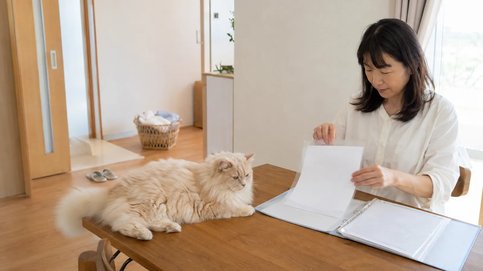 無地の紙を透明のポケットに入れて開いたリングファイルに加えている女性と、その前のテーブルに伏せる長毛のクリーム色の猫