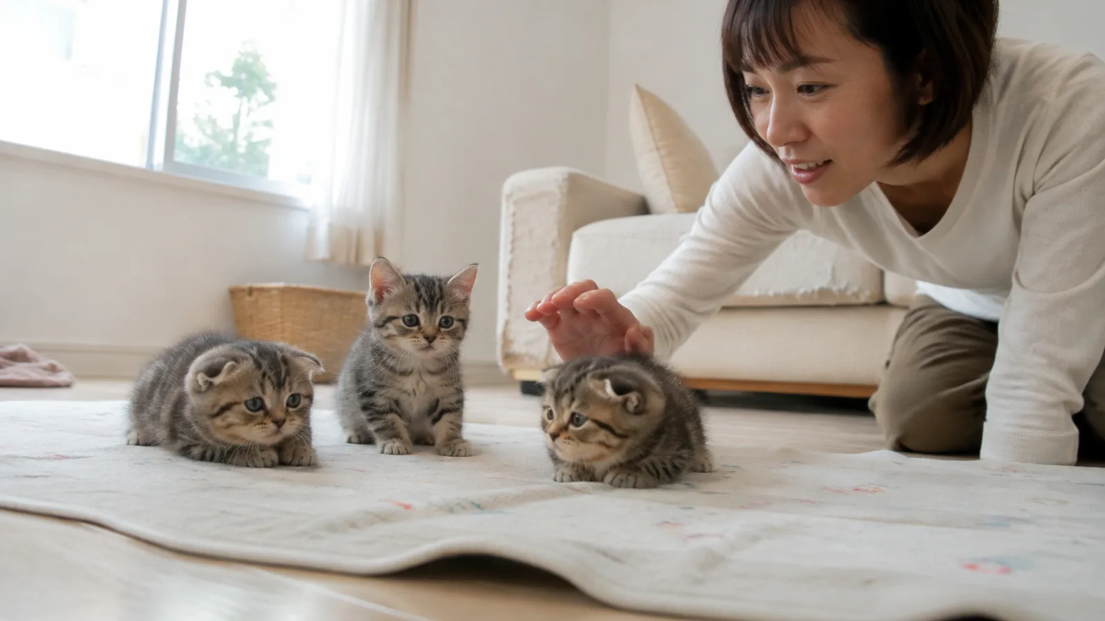毛布の上に集まるタビーの子猫3頭。2頭は耳が前に折れて頭に沿い、1頭は耳が立っている。手を伸ばす女性