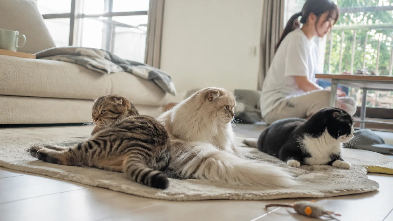 ラグの上に集まる3頭の猫。短毛のキジトラ、長毛のクリーム、白黒。いずれも耳が前に折れている