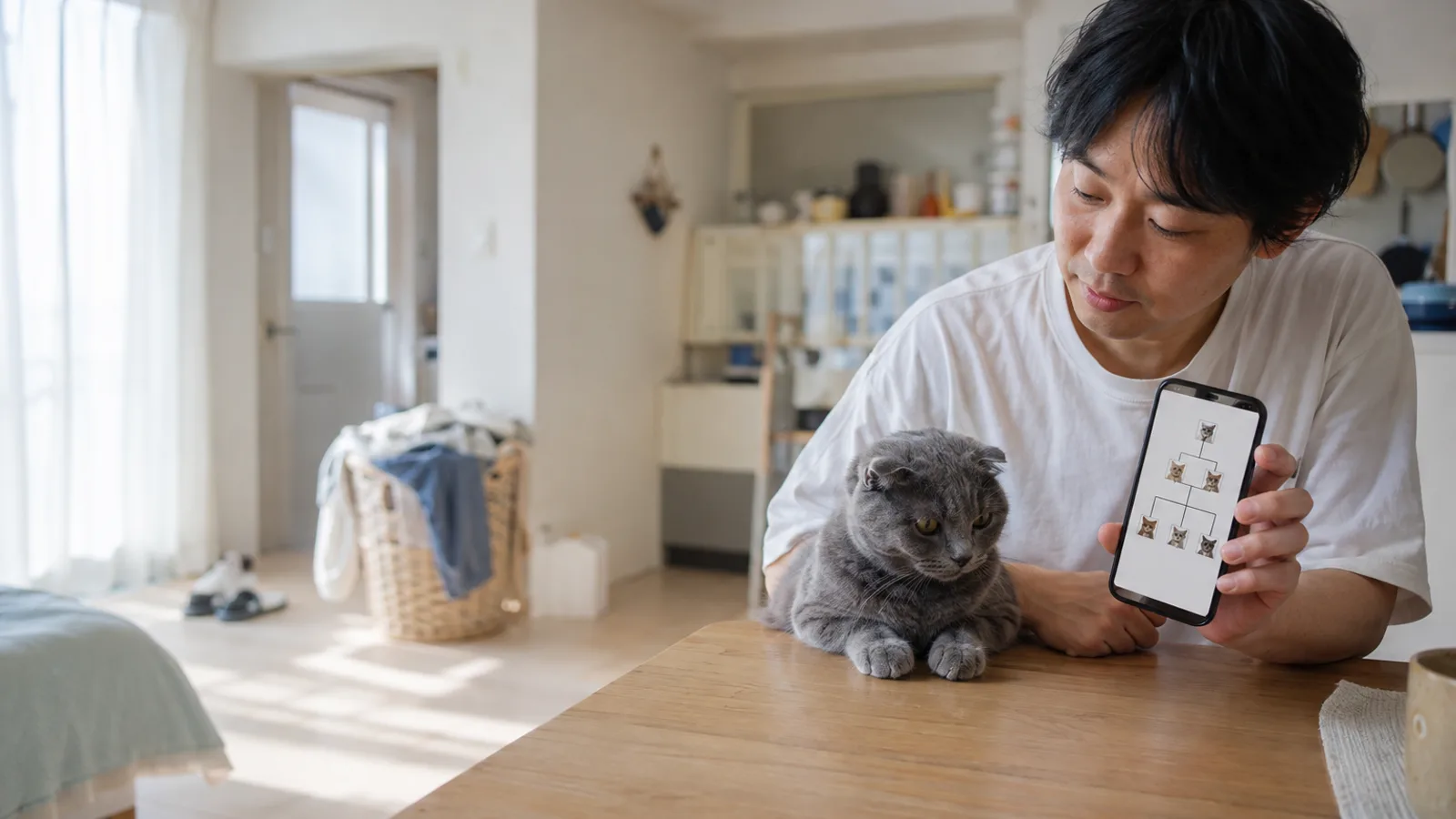 台所のテーブルでスマホの家系図画面を見る男性と、その肘のそばに座る耳の折れた青灰色の猫。枠には猫の写真が並ぶ