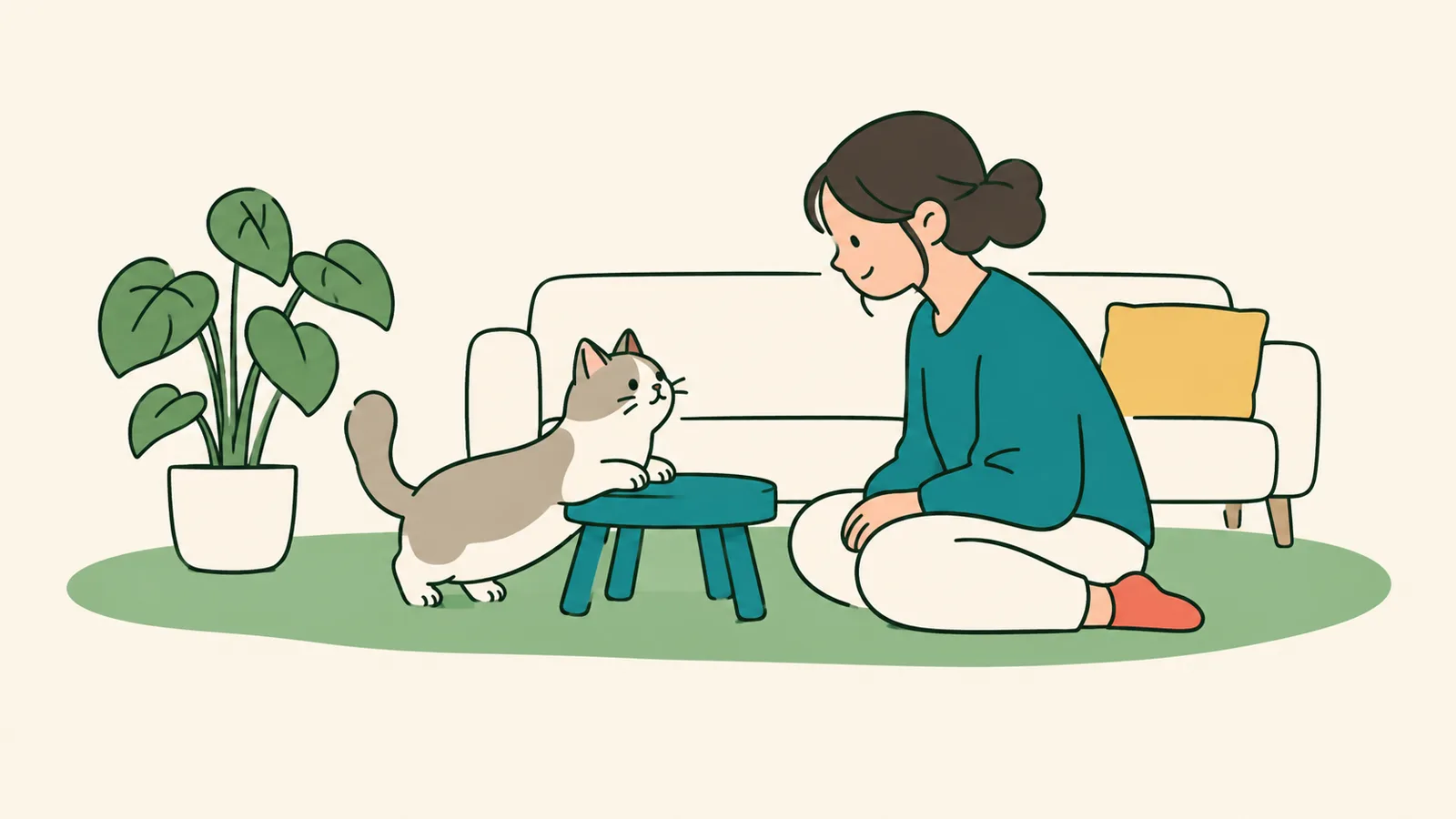 イラスト:明るいリビングで低い台に前足をかける脚の短い猫と、見守る家族