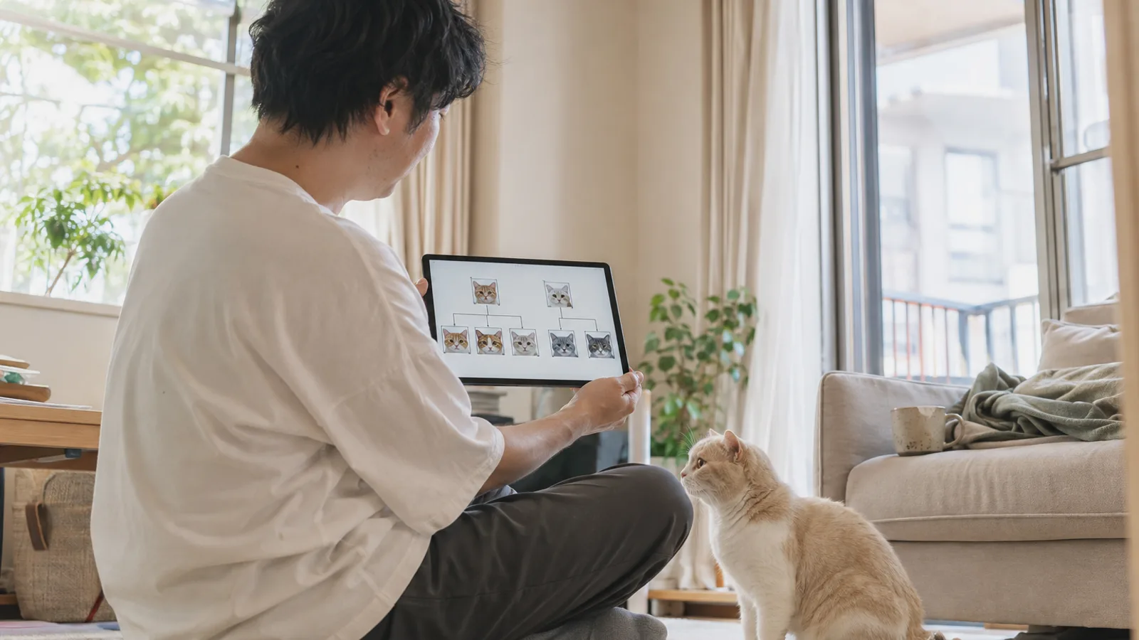 床に座り、猫の顔の写真だけが枠と線でつながった家系の図をタブレットで見ている男性と、すぐ横に座るクリーム&ホワイトの猫
