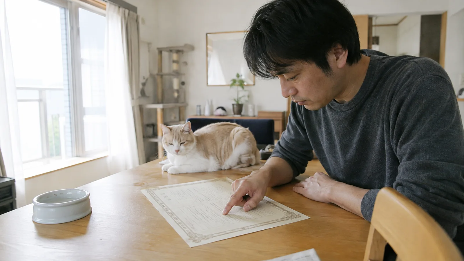 テーブルの装飾枠の架空の血統書を人差し指でたどる男性と、その向こうでテーブルに伏せるクリーム&ホワイトの猫