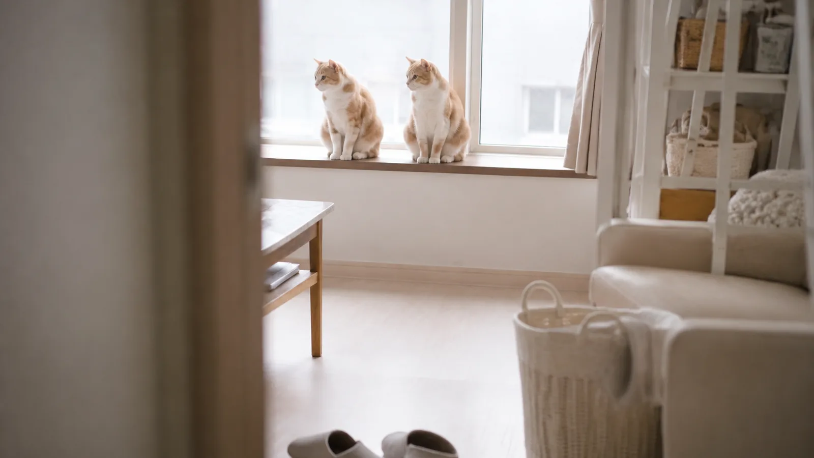 日の差す窓台に並んで座る、同じクリーム&ホワイトの柄の2頭の猫