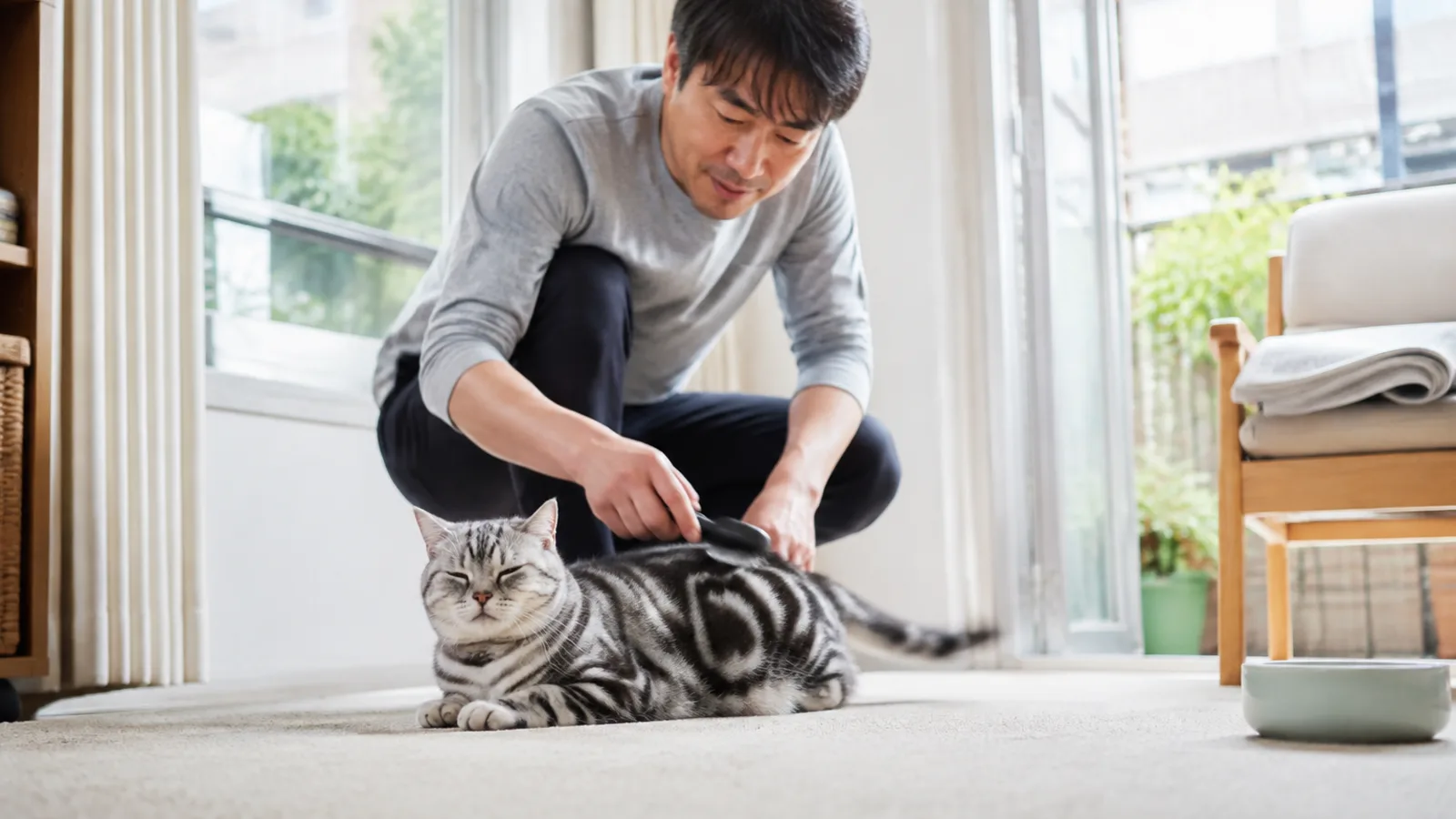 床でラバーブラシを使い、銀灰色に黒い渦巻き模様の猫の背中をとかす男性
