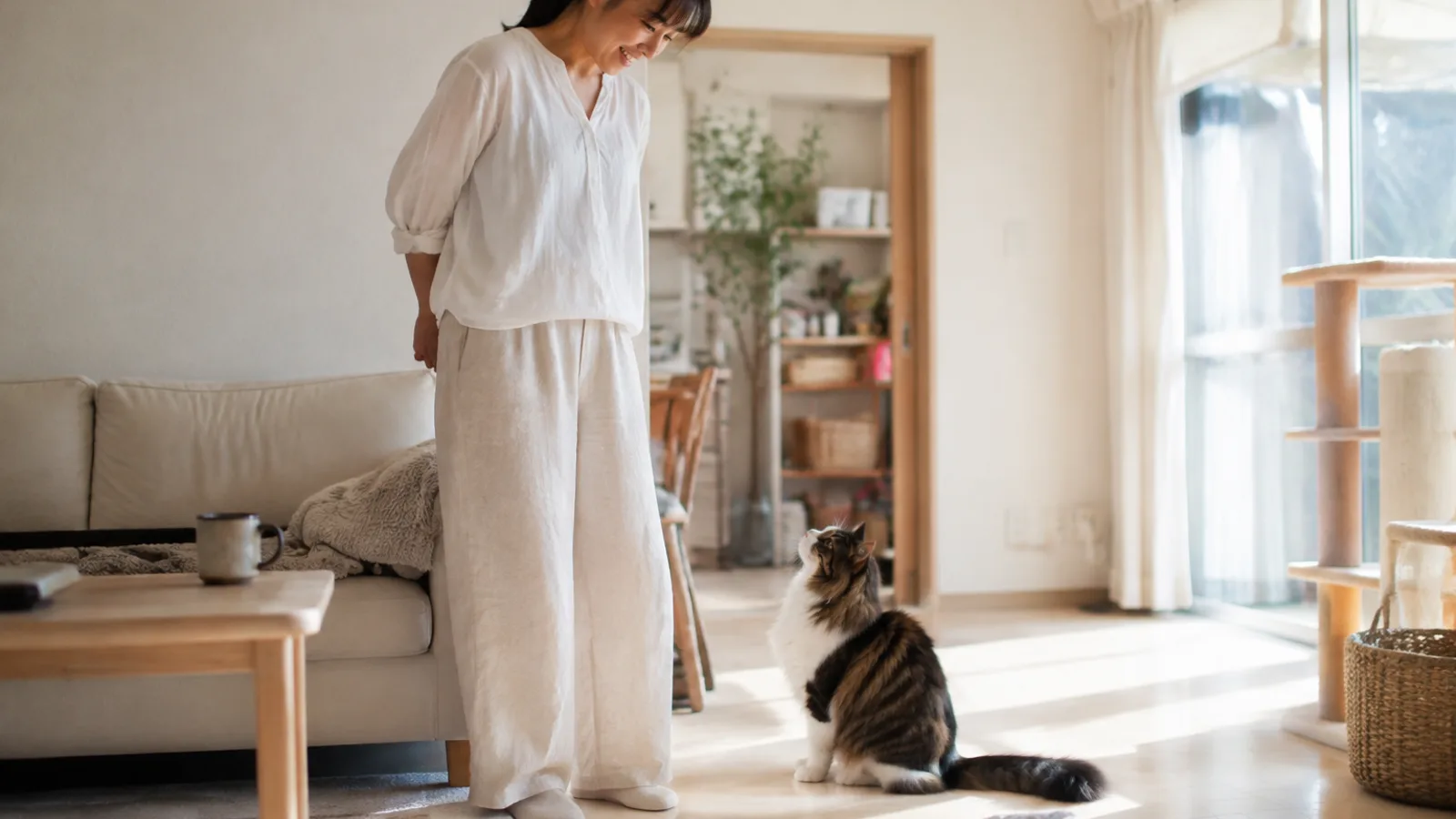 床に座って女性を見上げる、厚い被毛と長く太い尾のブラウンタビー&ホワイトの長毛猫と、そばに立つ女性