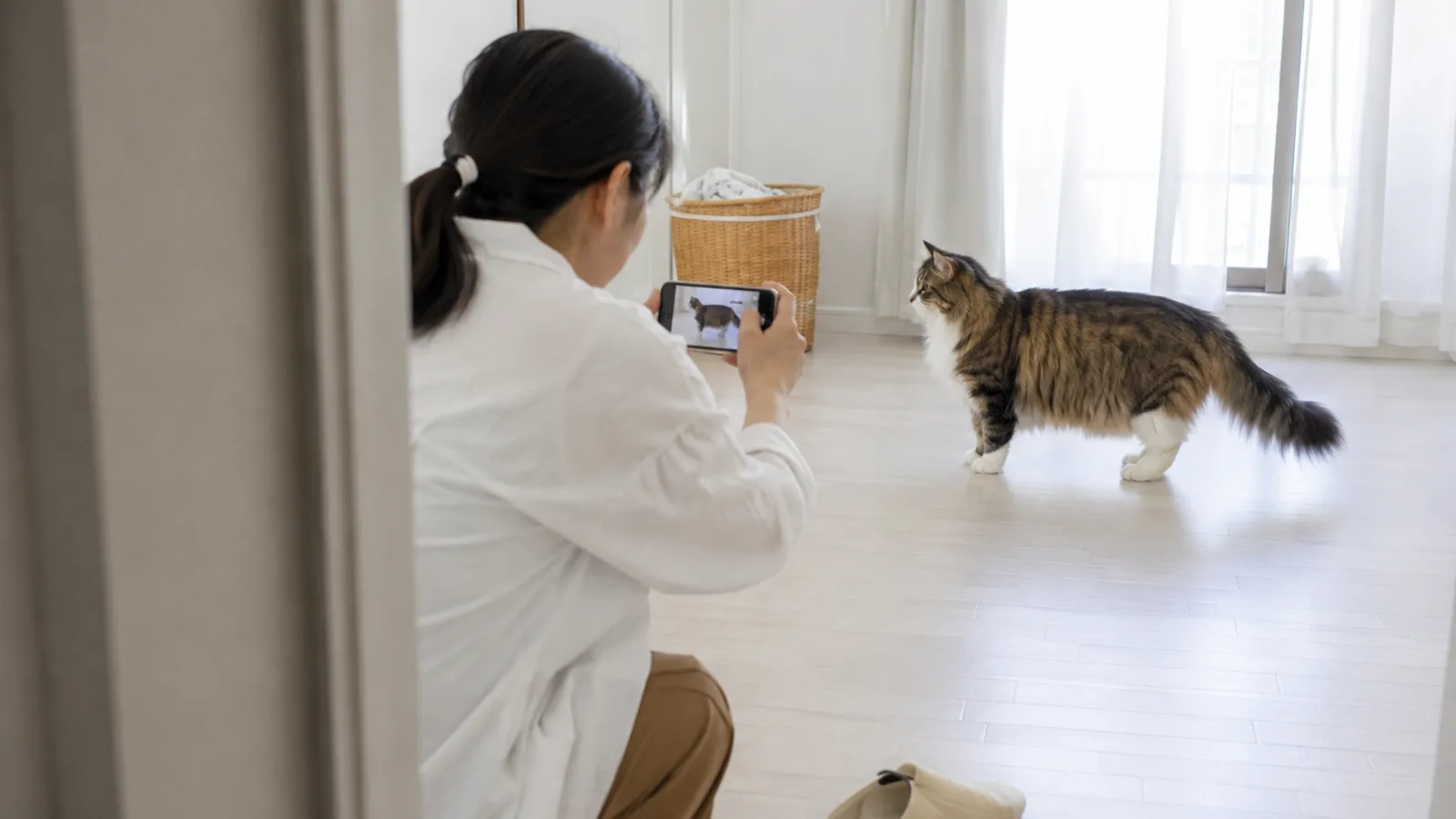 スマホを構えて、床に真横を向いて立つブラウンタビー&ホワイトの大型猫の全身を撮る女性