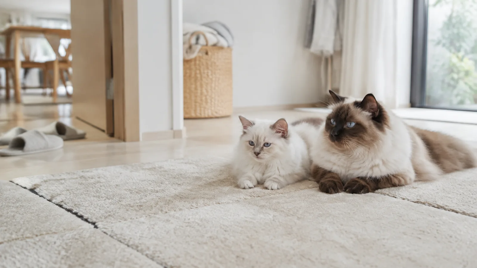 ラグに並んで伏せる2頭の青い目の長毛猫。左はほとんど白い子猫、右は顔と耳と脚が濃い茶色の成猫
