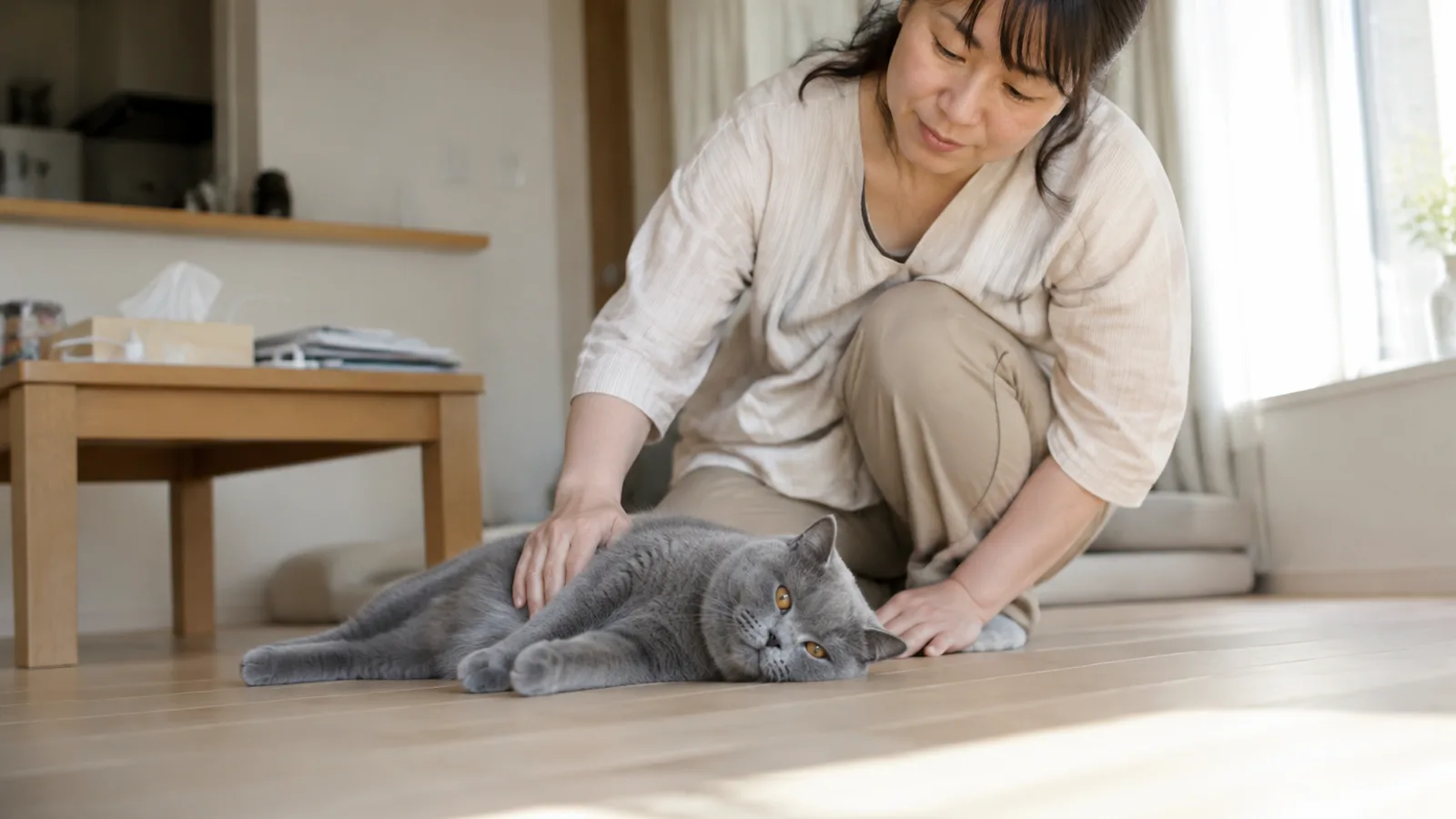 床で体を横たえる、丸い顔と密な青灰色の被毛・銅色の目の猫と、その肩に手を触れてしゃがむ女性
