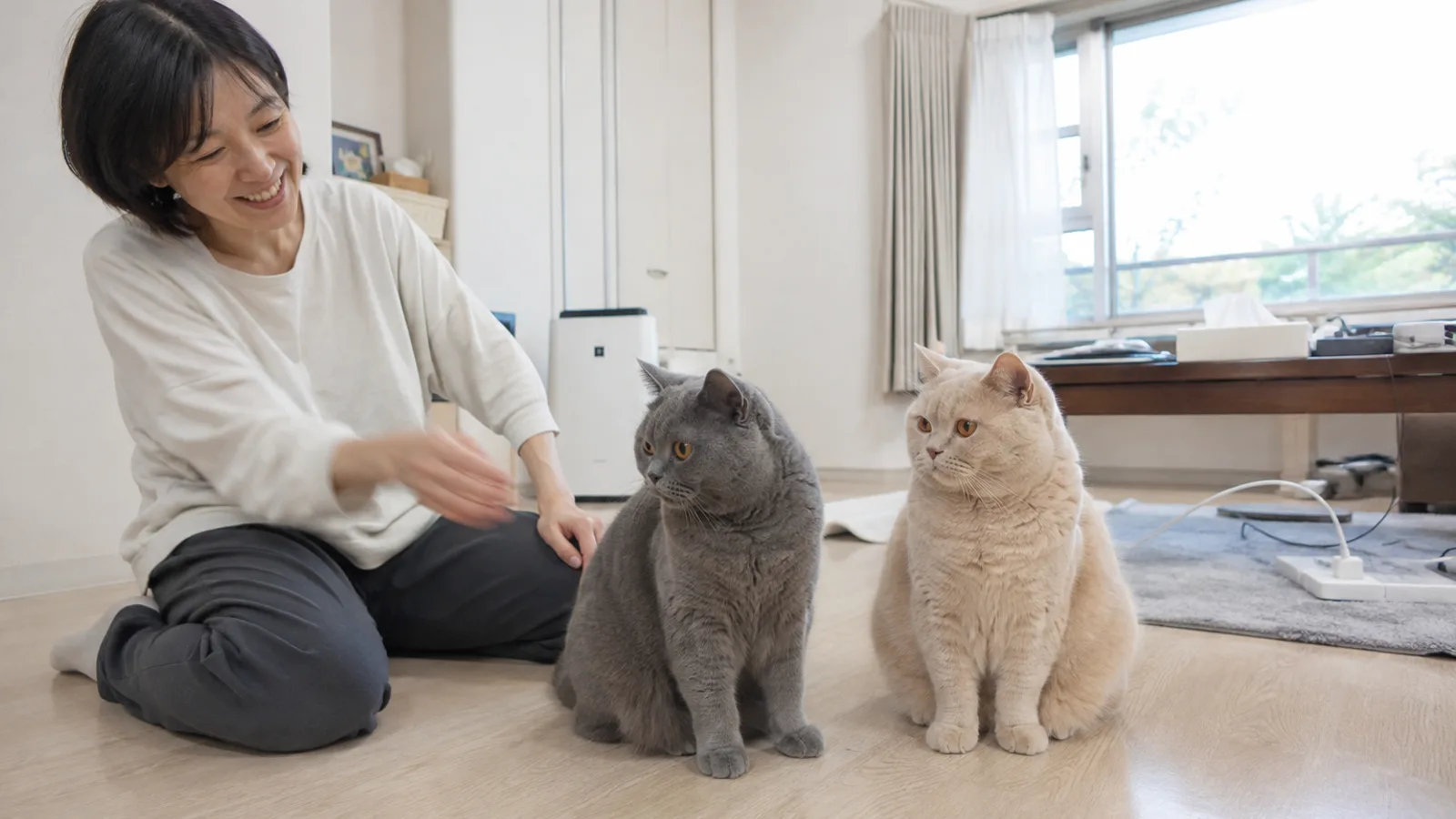 床に並んで座る2頭の丸い顔で密な被毛の猫。左は青灰色、右はクリーム色。左に座って手を伸ばす女性