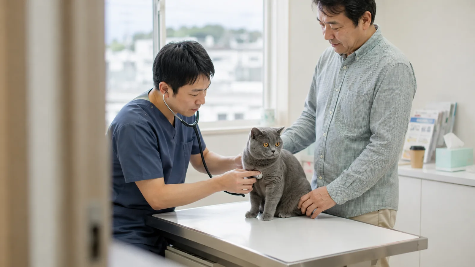 診察台に座る青灰色の密な被毛の猫の胸に聴診器を当てる獣医師と、猫の背に手を添える男性