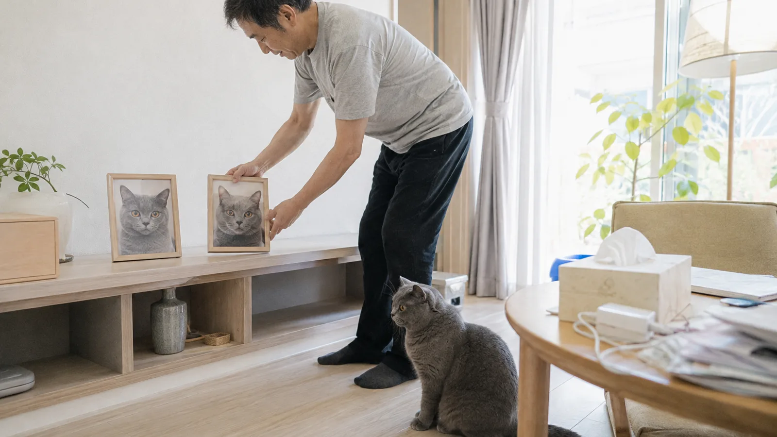 棚に猫の顔の写真が入った写真立てを2つ並べて置く男性と、その足元に座る青灰色の密な被毛の猫