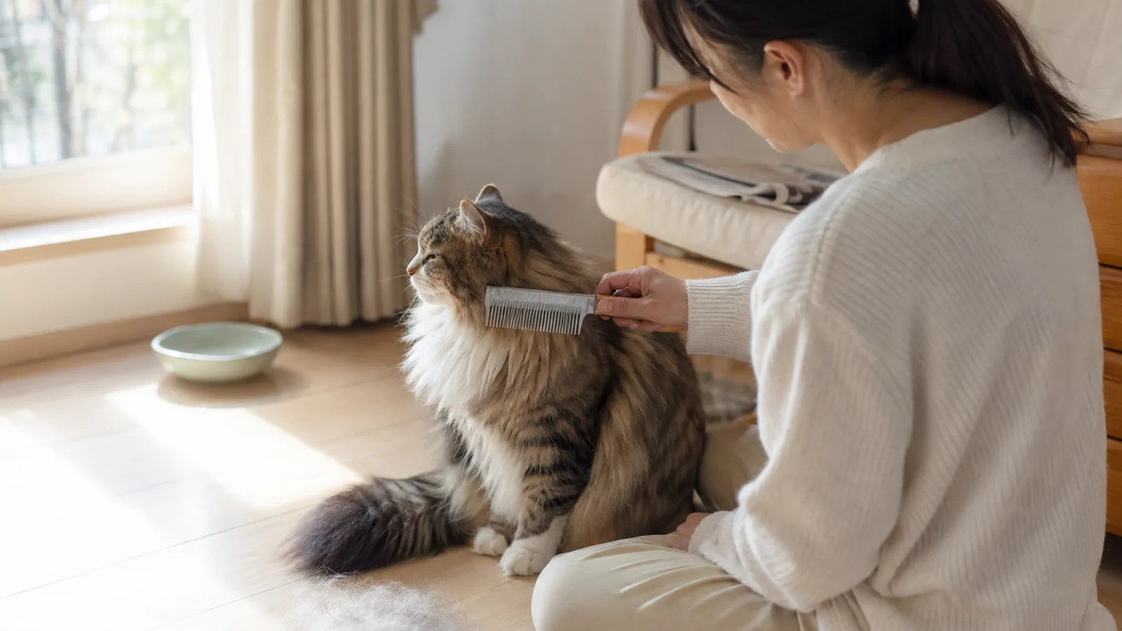 床に座った女性に、首まわりの豊かな襟毛を目の粗いコームでとかされている茶のタビーと白のサイベリアンと、床にたまった抜け毛