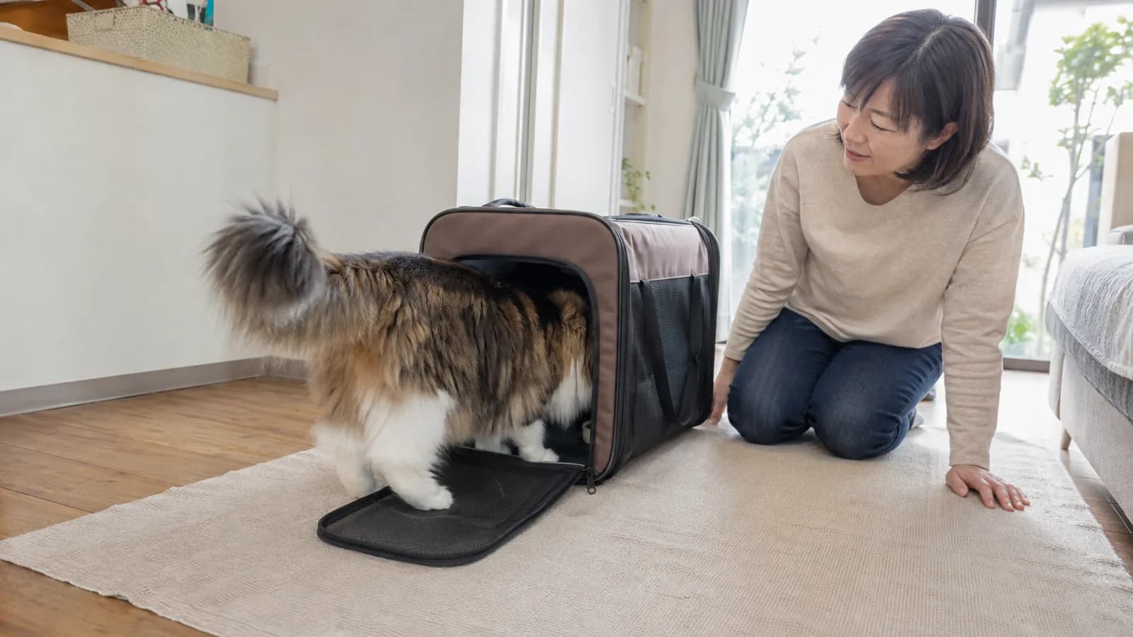 リビングの床に開いて置かれた布製のキャリーに自分から入っていく大型のサイベリアンと、そばにひざをついて見守る女性
