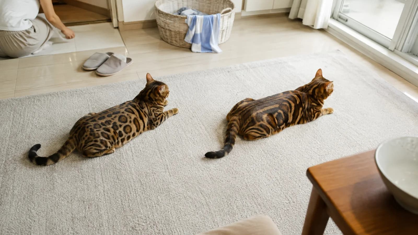明るいリビングのラグで少し離れて伏せる2匹のベンガルを斜め上から。左は輪郭の濃い2色のロゼット、右は横に流れる大きな渦巻き状のマーブル模様