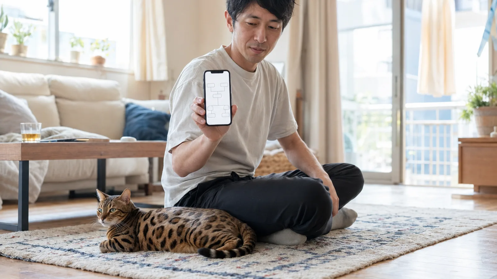ラグに座ってスマートフォンの家系図の画面を見せる男性と、そのそばに伏せるベンガル