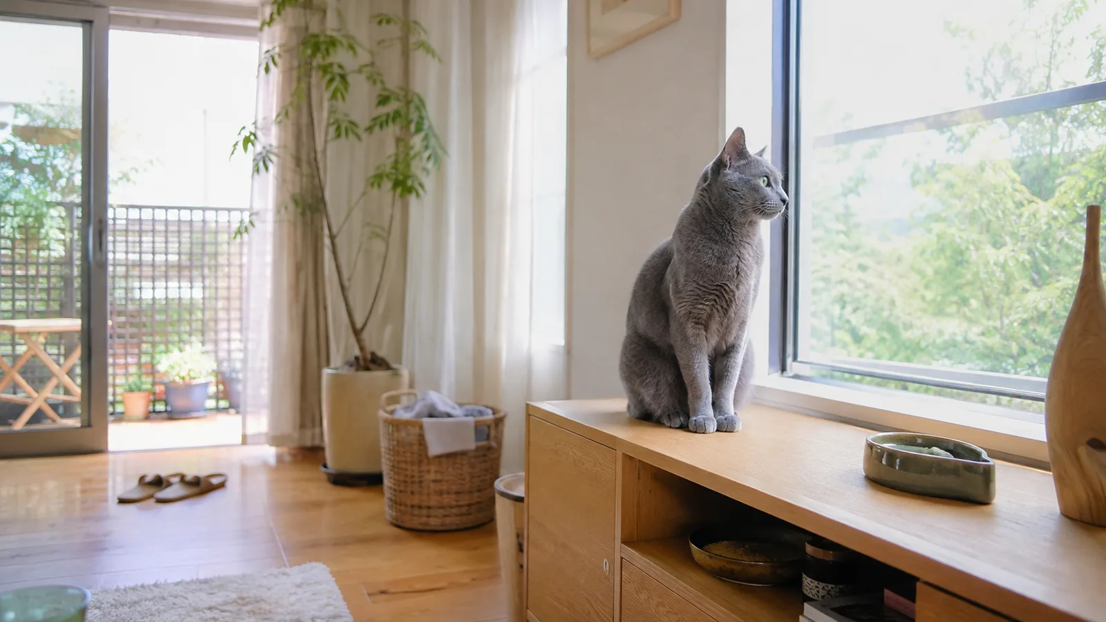 窓辺の低いキャビネットの上に背筋を伸ばして座り、外を見る青灰色の短毛と緑の目のロシアンブルー