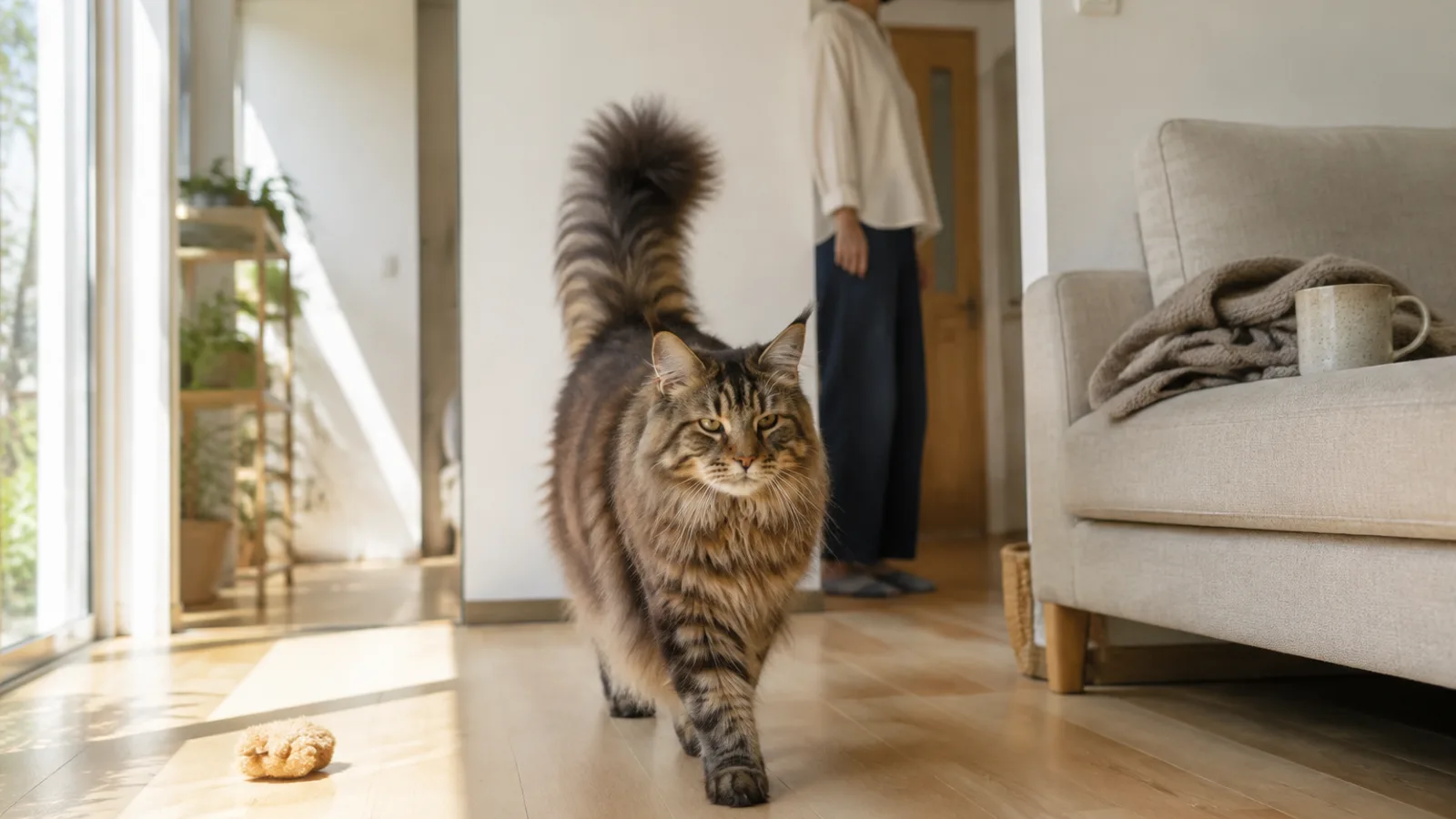 廊下を尾を立てて歩いてくる、耳の先に房毛のある大きなブラウンタビーの長毛猫と、奥のドアのそばに立つ人