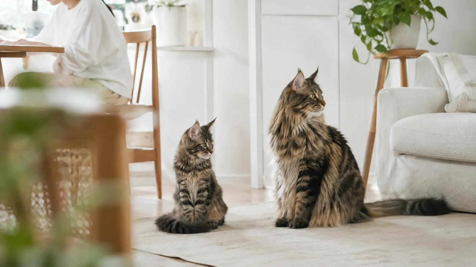 床に並んで座る2頭のブラウンタビーの長毛猫。左は小さい個体、右は体が大きく首まわりの飾り毛と耳の房毛が発達した個体。奥のテーブルに人が座っている