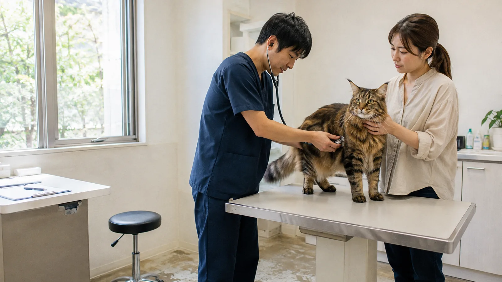 診察台に立つ大きなブラウンタビーの長毛猫の胸に聴診器を当てる獣医師と、猫の顎に手を添える女性