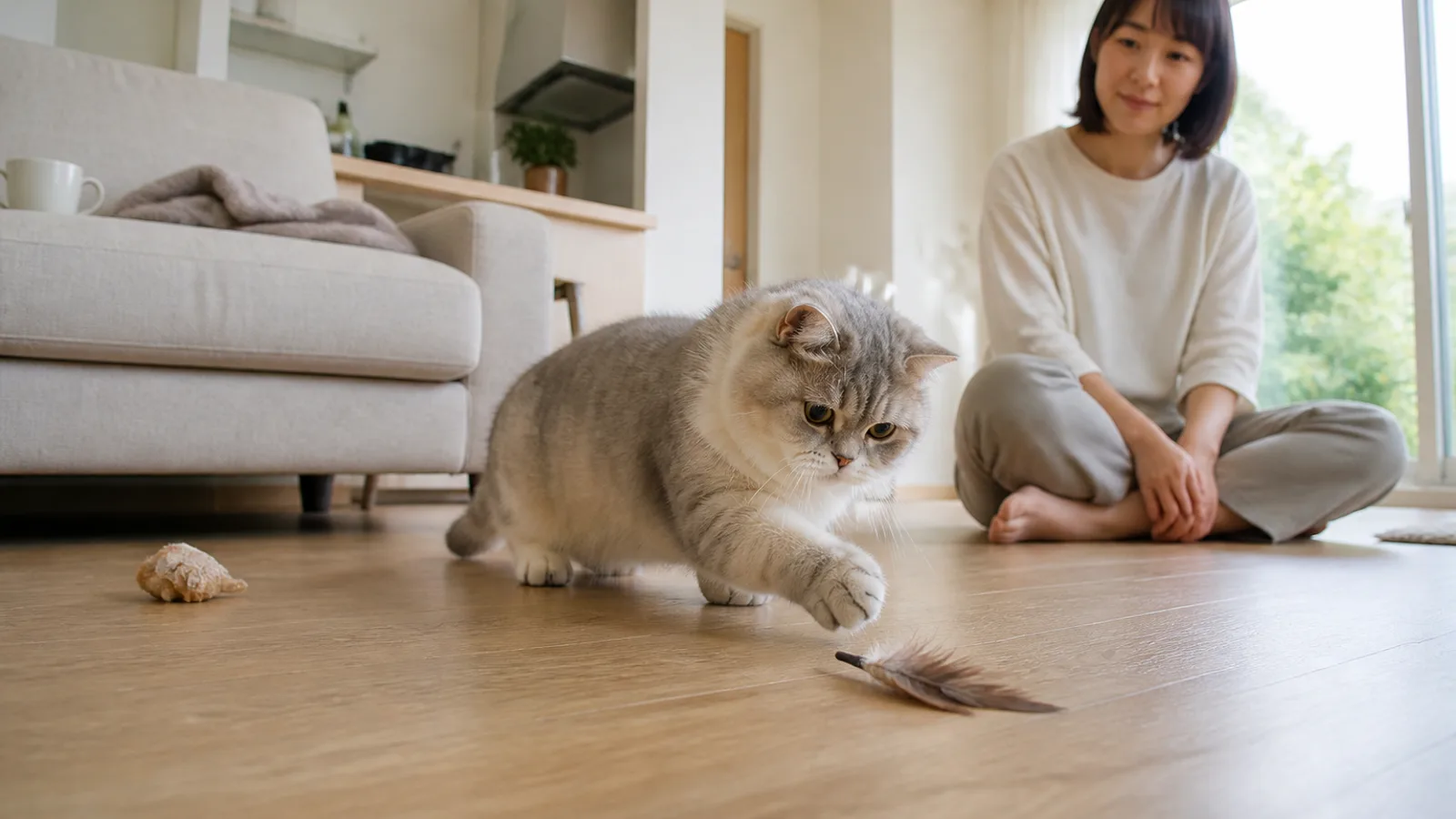 床の羽根のおもちゃに前足を伸ばす、丸い顔と短い足の銀色のタビーのミヌエットと、少し離れた床に座って見ている女性