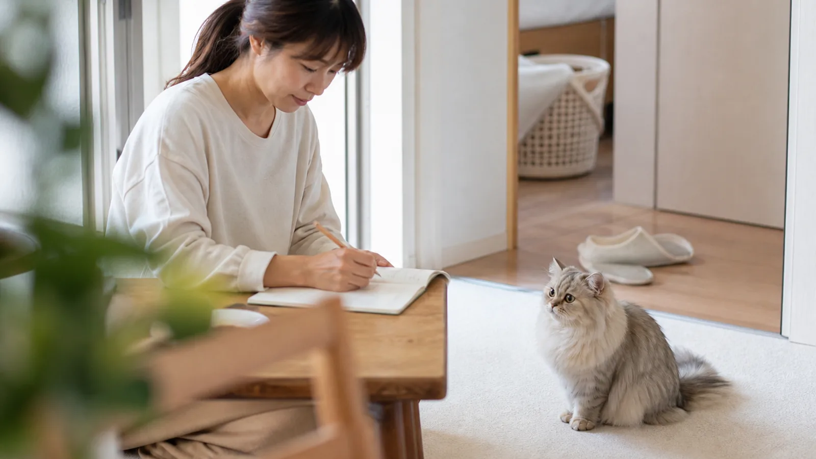 低いテーブルで無地のノートに鉛筆で書き込む女性と、少し離れた床に座って手元を見る長毛のミヌエット