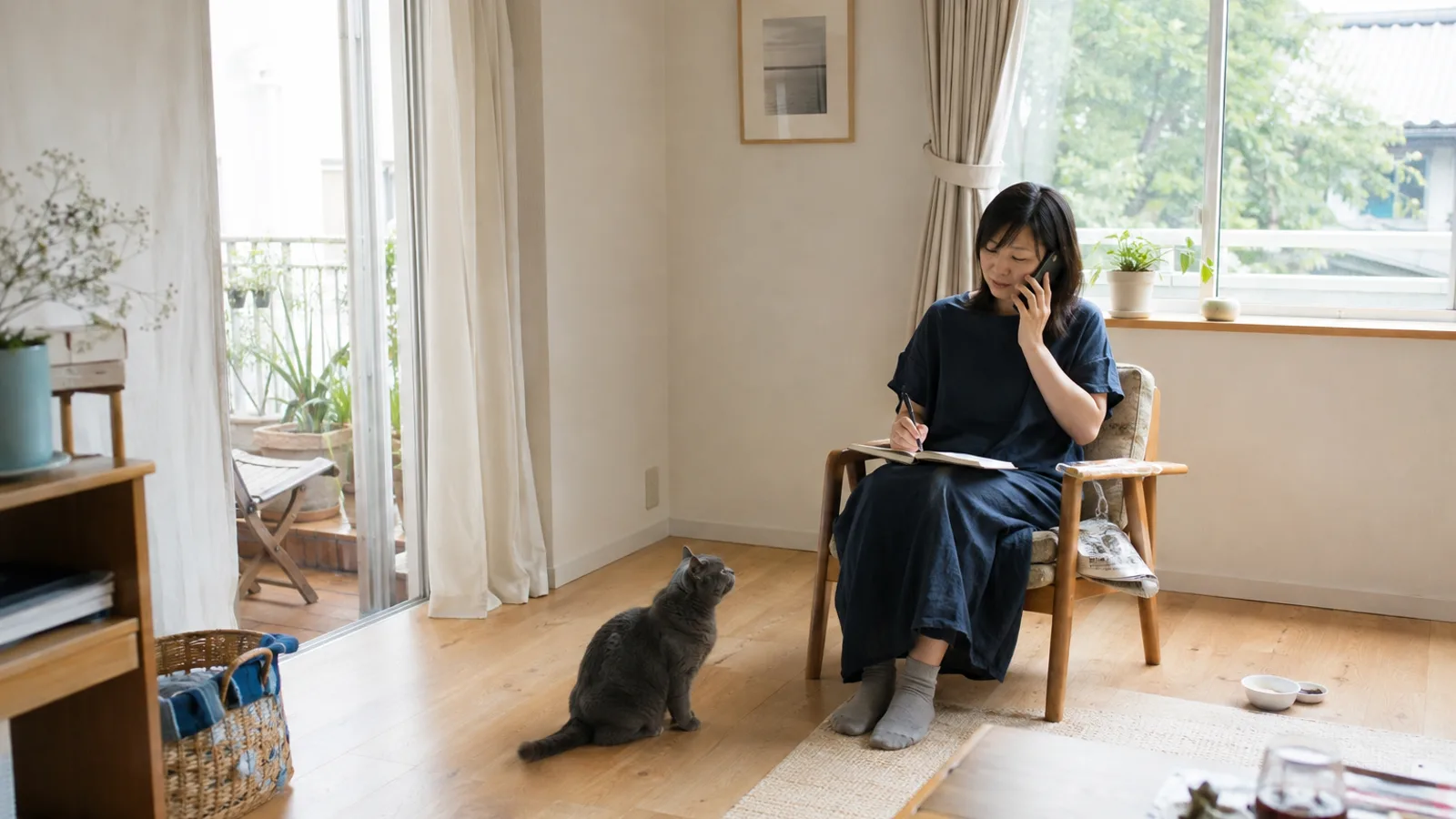 スマートフォンで話しながら膝のノートにペンを走らせる女性と、足元に座る灰青色の短毛猫