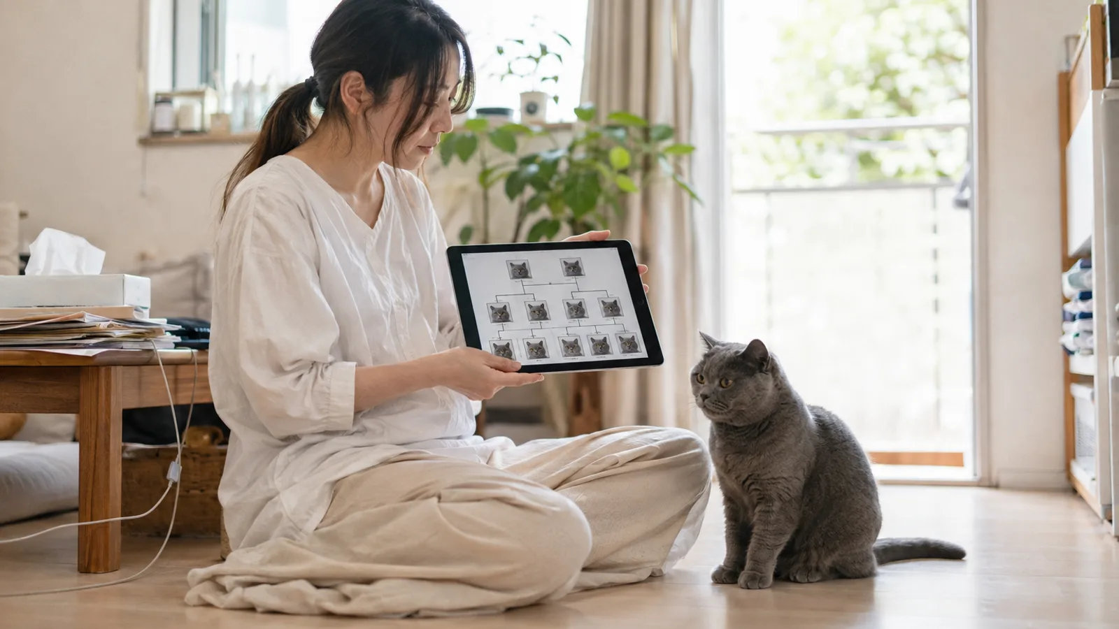 タブレットに並ぶ猫の顔写真を線でつないだ家系の図を見る女性と、そばに座る灰青色の短毛猫