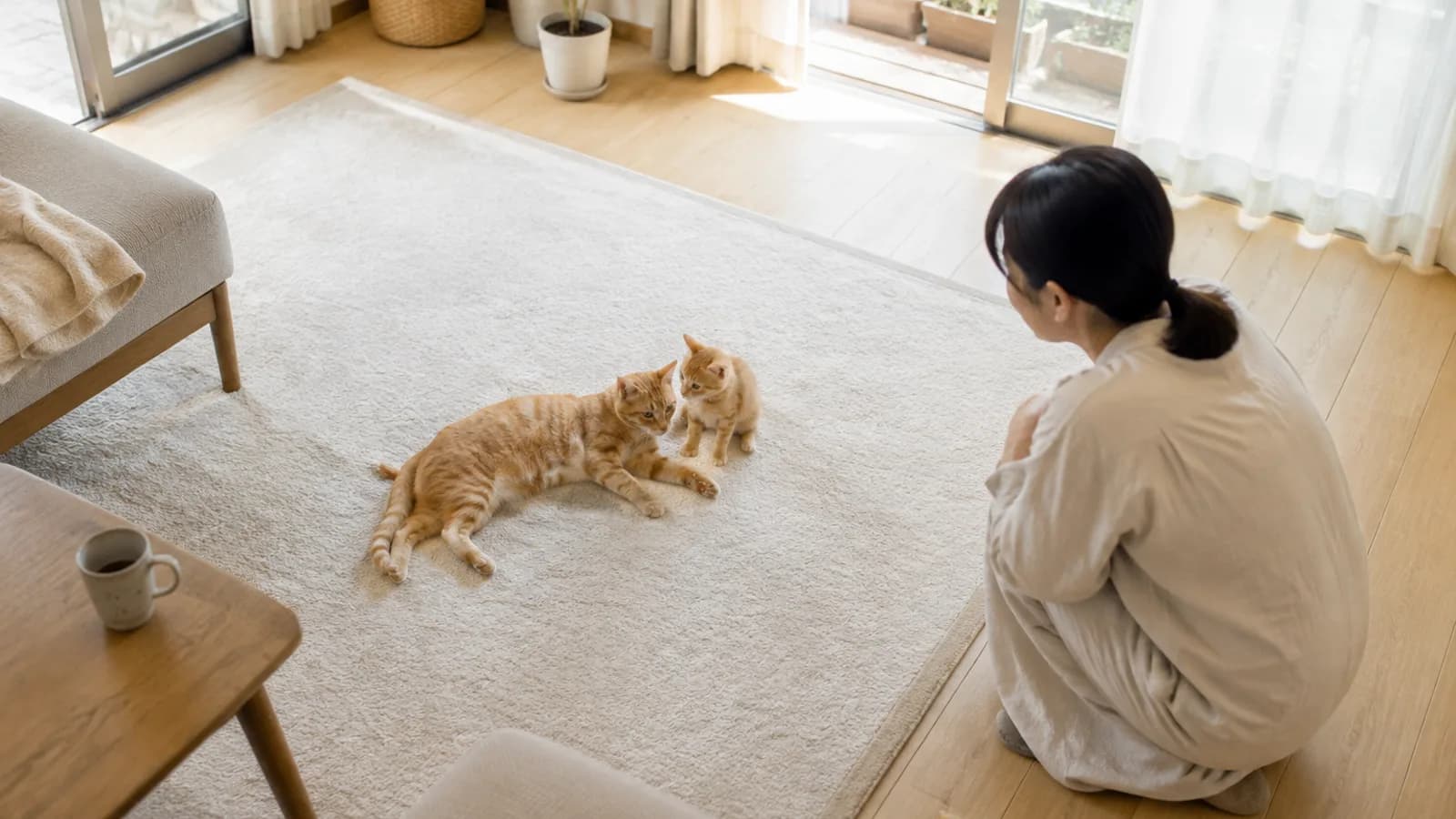 ラグで寄り添う同じ茶トラ柄の成猫と生後2ヶ月ほどの子猫。少し離れてしゃがんで見る女性