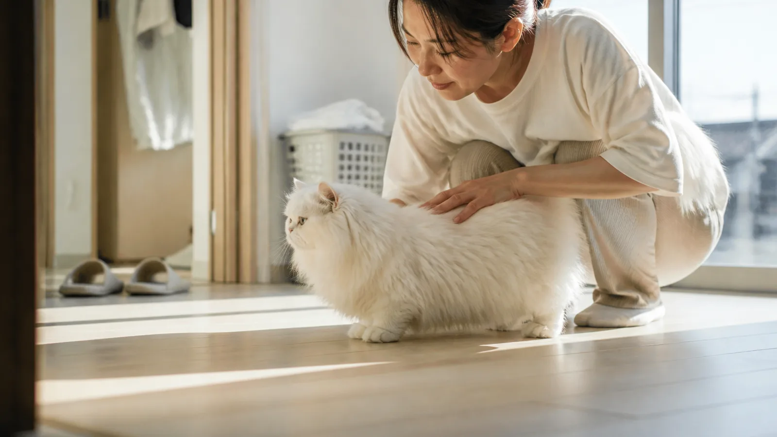 床に真横を向いて立つ、短くがっしりした脚と広い胸の白い長毛の猫と、その背中に手を添えてしゃがむ女性